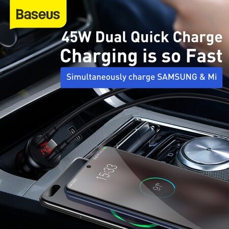 Автомобильное зарядное устройство BASEUS Digital Display Dual SCP, 2USB  Кабель USB-Type-C, 5A, се - 6