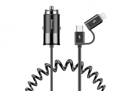 Автомобильное зарядное устройство BASEUS Enjoy Together 2-in-1, USB  Кабель Type-C/Lightning, 5A, ч - 1